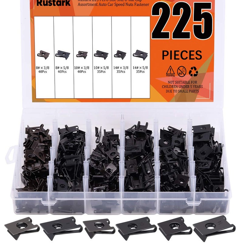 Rustark 225 Pcs 6 Size SAE U-nut Clip Assortment Auto Car Speed Nuts Fastener with Store Box for Dash Door Panel Interior - Image 1